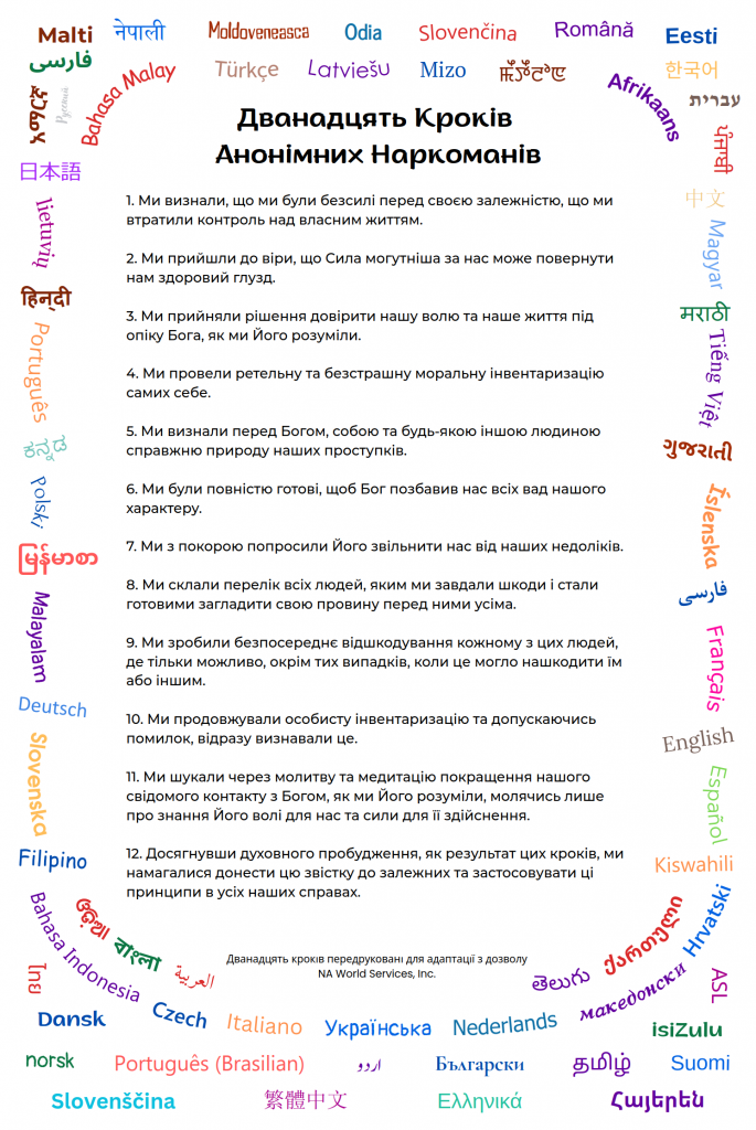 Обкладинка документа "Дванадцять Кроків Анонімних Наркоманів", посилання на завантаження PDF.