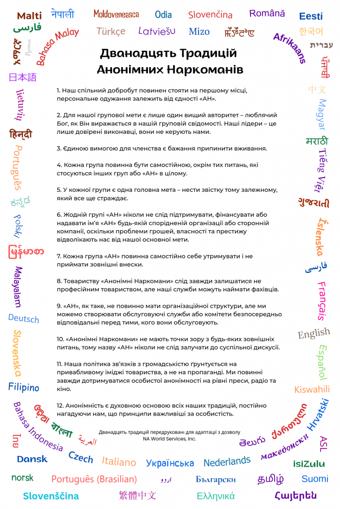 Обкладинка документа "Дванадцять Традицій Анонімних Наркоманів", посилання для завантаження файлу (PDF).