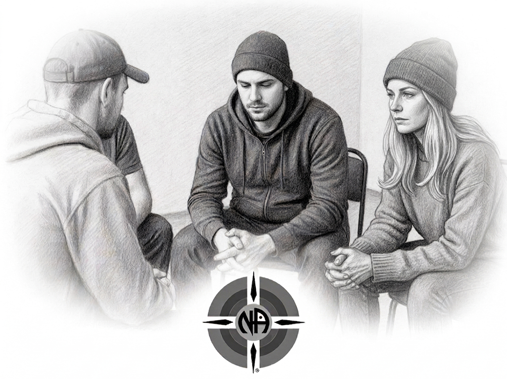 Олівецьний малюнок групи людей на сеансі терапії з логотипом Анонімних Наркоманів для реабілітації військових.